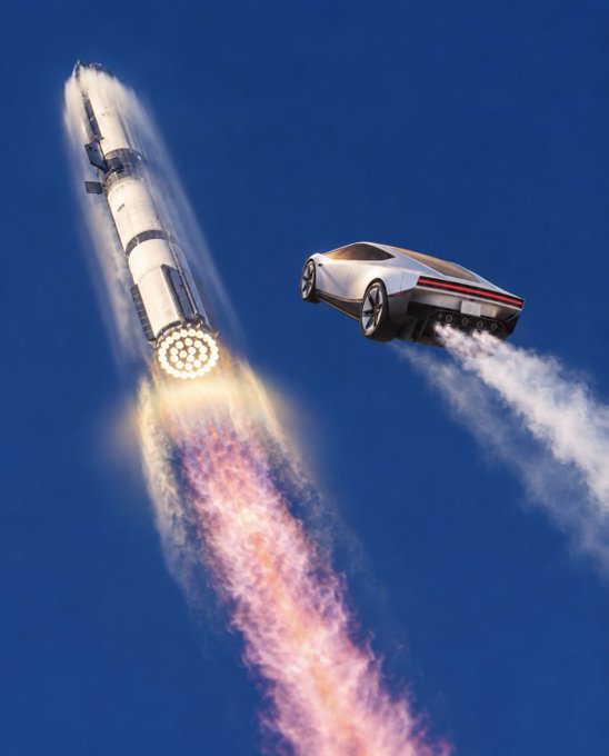 A SpaceX rocket ascends through a deep blue sky with fiery exhaust plumes trailing below, while a silver Tesla Roadster hovers alongside as if flying through the air. The image creatively merges the two iconic SpaceX and Tesla brands, evoking Elon Musk's signature fusion of aerospace innovation and electric vehicle design.