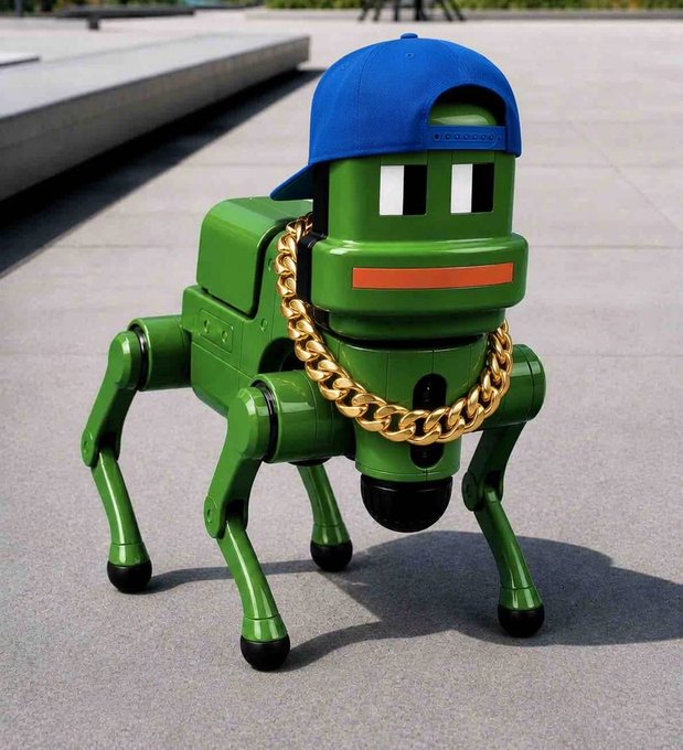 A green 3D-rendered robot with quadrupedal legs stands on a paved surface, wearing a blue backwards baseball cap and a thick gold chain necklace.