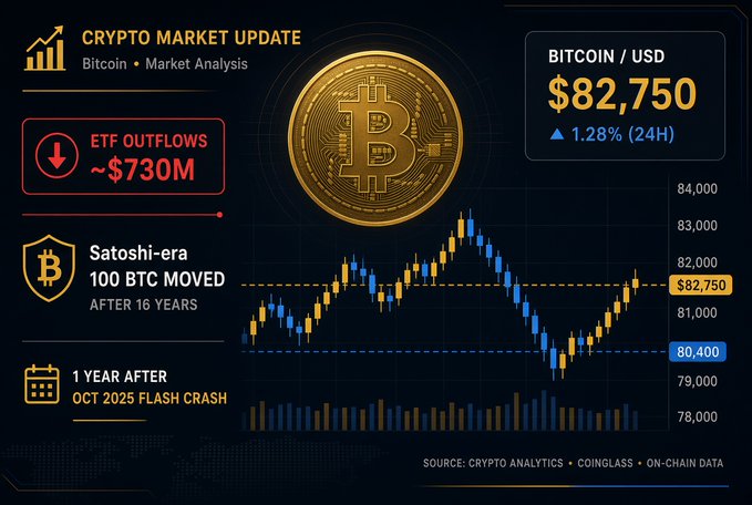 A crypto market update graphic displays Bitcoin/USD at $82,750 with a 1.28% (24H) increase, showing ETF outflows of ~$730M and noting 'Satoshi-era 100 BTC moved after 16 years' and '1 year after Oct 2025 flash crash.'