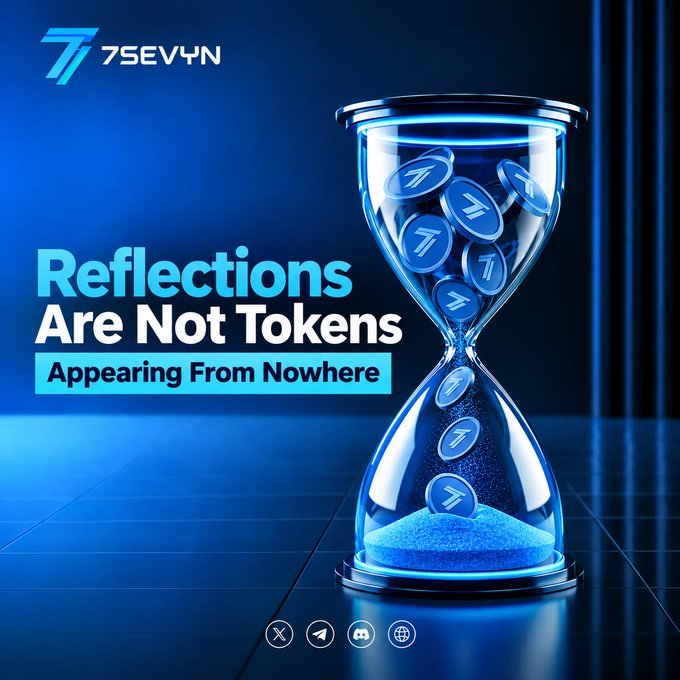 A 7SEVYN promotional graphic titled 'Reflections Are Not Tokens: Appearing From Nowhere' features an hourglass filled with falling tokens bearing the 7SEVYN logo.