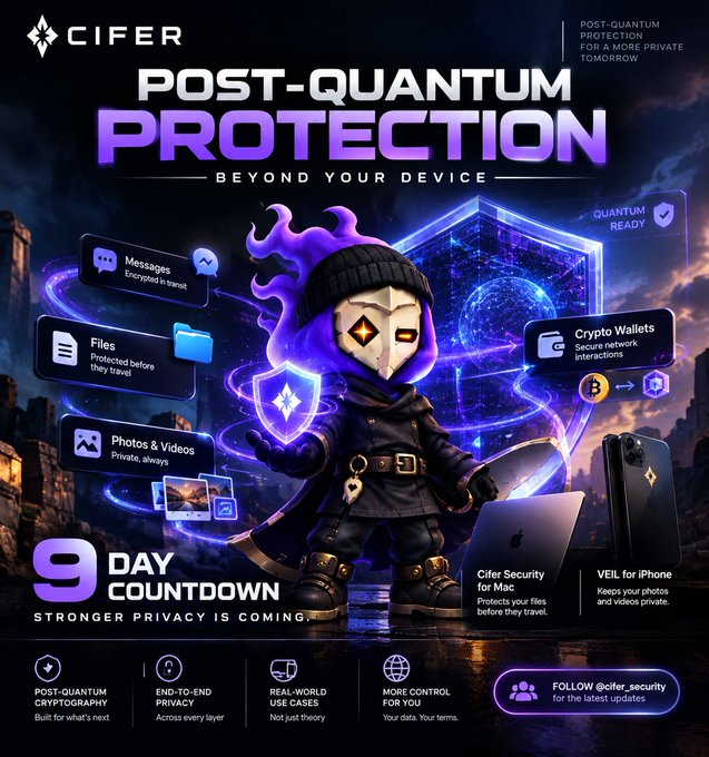 A promotional graphic for "CIFER" advertising "POST-QUANTUM PROTECTION," featuring a purple-accented hooded character and highlighting features like encrypted messages, protected files, and crypto wallets, along with a "9 DAY COUNTDOWN."
