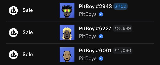 A listing of three 'PitBoy' NFT collectibles (#2943, #6227, #6001) from the 'PitBoys' collection available for sale on a digital marketplace.