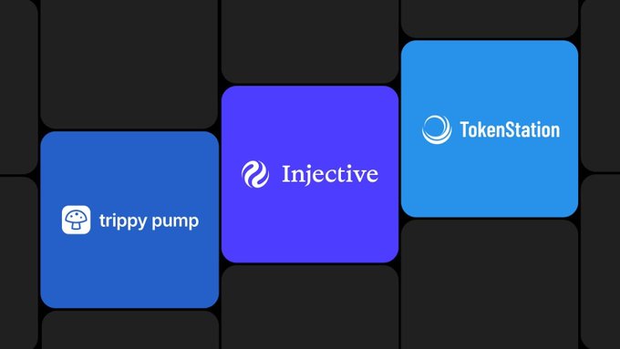 Three colored squares on a dark grid background display logos and names: 'trippy pump' in blue, 'Injective' in purple, and 'TokenStation' in light blue.