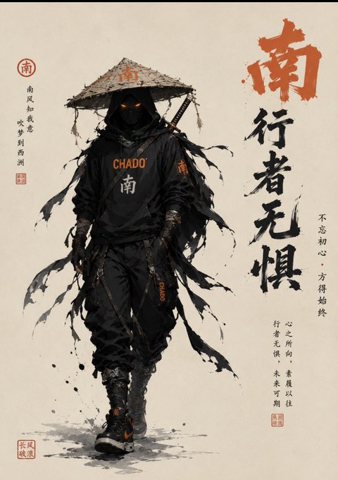 An East Asian-inspired ink illustration of a ninja warrior wearing a conical hat and black outfit with 'CHAO' text, surrounded by Chinese calligraphy including '南行者无惧' (Southern traveler fears nothing).