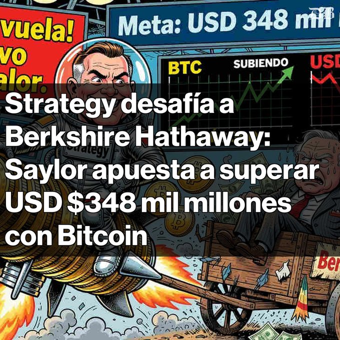 A cartoon graphic illustrating a financial news story with the Spanish text 'Strategy desafía a Berkshire Hathaway: Saylor apuesta a superar USD $348 mil millones con Bitcoin,' showing a rocket-powered cart racing against another cart.