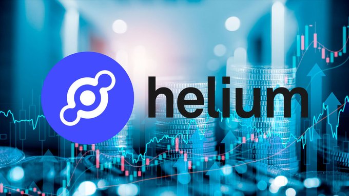 A promotional graphic for Helium cryptocurrency featuring the Helium logo over a background of stacked coins and upward-trending stock market charts with green and red candlesticks.