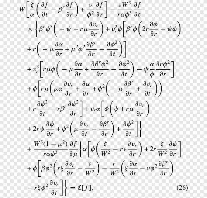 A complex mathematical equation labeled (26) containing partial derivatives, Greek letters, and variables related to physics or general relativity calculations.