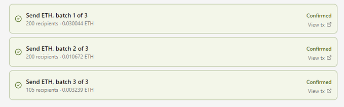 A screenshot showing three confirmed Ethereum transaction batches: "Send ETH, batch 1 of 3" (200 recipients, 0.030044 ETH), "batch 2 of 3" (200 recipients, 0.010672 ETH), and "batch 3 of 3" (105 recipients, 0.003239 ETH), each with a green checkmark and "View tx" link.