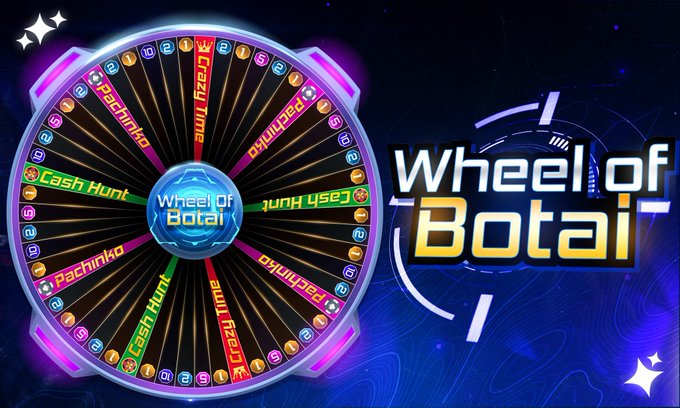 A promotional graphic for an online game called 'Wheel of Botai', featuring a colorful spinning wheel with segments labeled 'Pachinko', 'Crazy Time', and 'Cash Hunt'.