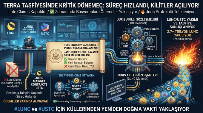 A Turkish infographic announces a critical court ruling in Terraform Labs' Chapter 11 bankruptcy case, stating that "Late Claims" are now closed and timely applications are being processed, with payments approaching. It highlights Jane Street's $134 million victory ($134 Milyon İddiası) — including deceit claims (Davanı Devamı) and new findings (Yeni Sunulan Belgeler), but notes no criminal intent finding (Kesin Karar Henüz Yok) — alongside procedural benefits for LUNC and USTC holders, with a 2.7 trillion LUNC burn cited and a message that #LUNC and #USTC are "rising from their ashes."
