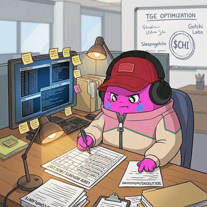 A cartoon illustration of a pink character wearing a red cap and headphones, sitting at a desk working on reports and files, with a whiteboard reading "TGE OPTIMIZATION" and "$CHI".