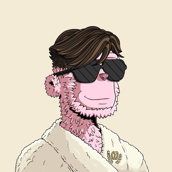 Digital illustration of a stylized pink alpaca character wearing dark sunglasses, a brown hairstyle, and a white fur-collared jacket with a gold laurel wreath emblem.