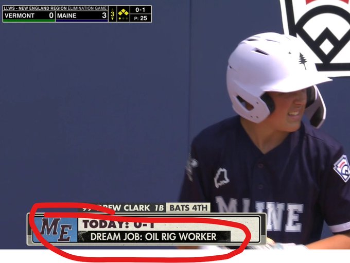 A sports broadcast screenshot from an LLWS New England Region Elimination Game shows a Maine player with a scoreboard reading 'VERMONT 0, MAINE 3', and a circled graphic at the bottom displaying 'DREAM JOB: OIL RIG WORKER.'