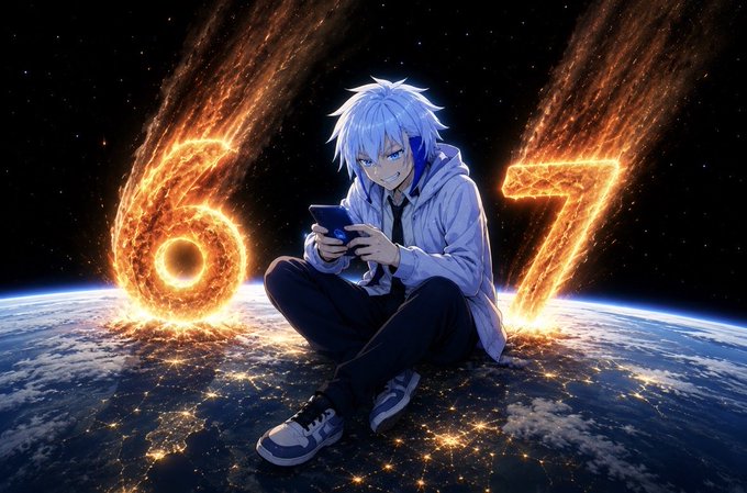An anime-style illustration shows a blue-haired character in a white hoodie playing on a smartphone, sitting in front of a view of Earth with flaming numbers '6' and '7' forming a meteor-like background.