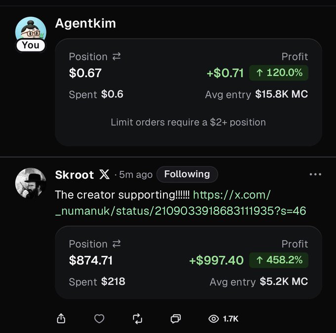 A screenshot showing two crypto/DeFi position cards: 'Agentkim' showing a $0.67 position with +$0.71 profit (↑120.0%), and a post by 'Skroot' showing an $874.71 position with +$997.40 profit (↑458.2%).