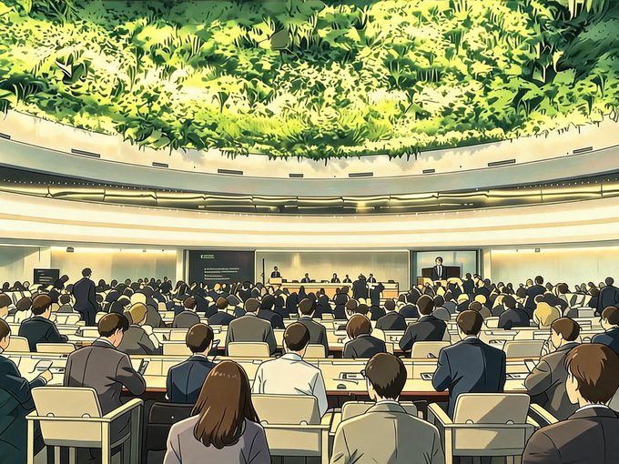 An anime-style illustration of a large audience seated in a circular conference hall with a green ceiling, facing speakers at a central podium.