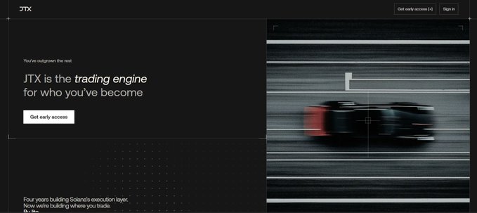 A dark-themed website landing page for JTX displays the tagline "JTX is the trading engine for who you've become" with a "Get early access" button and a blurred race car image, promoting Jito's new perpetual DEX project (@jtx_trade) for early positioning and potential airdrop farming.