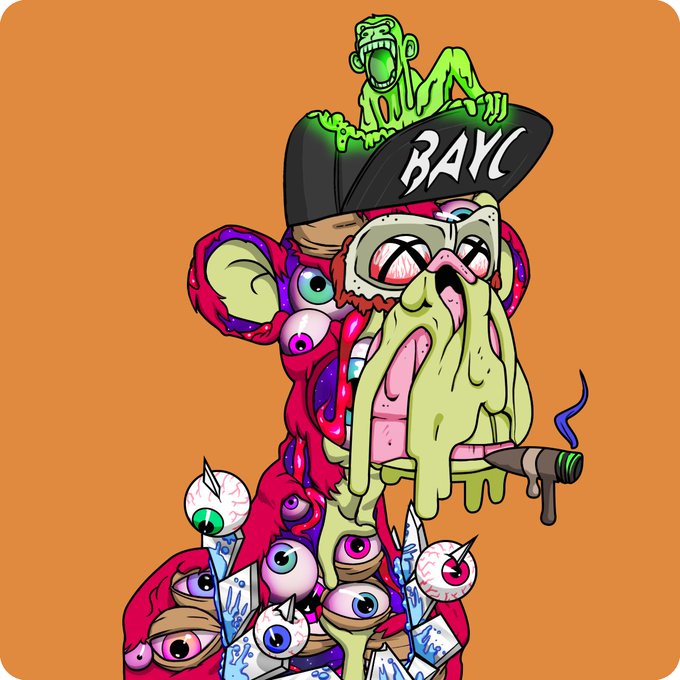 A colorful, surreal Bored Ape-style illustration features a melting, multi-eyed creature in a cap, with "BAYC" visible and a small green ape figure on top, set against an orange background.