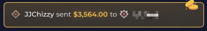 A notification banner shows that user JJChizzy sent a $3,564.00 tip to a blurred recipient, displayed in the context of a Rainbet gambling/betting platform promotion asking recipients about their first move after receiving the tip.