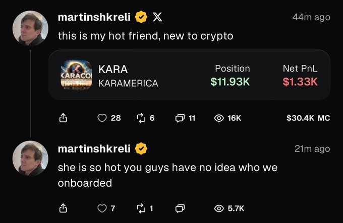 Twitter posts from martinshkreli introducing 'KARA KARAMERICA' as his 'hot friend, new to crypto' with a Position of $11.93K and Net PnL of $1.33K, noting 'she is so hot you guys have no idea who we onboarded.'