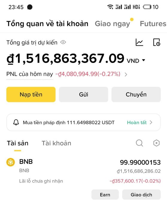 Screenshot of a Binance account overview in Vietnamese showing a total estimated value of ₫1,516,863,367.09 VND, with holdings of 99.99000153 BNB (worth ₫1,516,686,286.02) and a completed purchase of 111.64988022 USDT, illustrating the youth's nearly 100 BNB crypto prize.