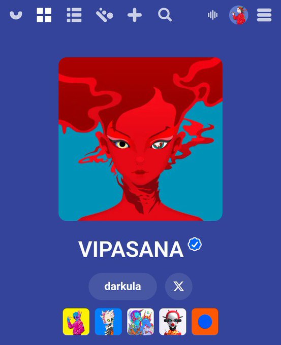 A digital interface for 'VIPASANA' featuring a red illustration of a figure with flowing hair, with 'darkula' shown as the current theme and other colorful art options below.