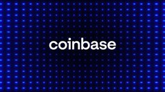 A dark blue promotional graphic displaying the white 'coinbase' logo against a grid of small dots.