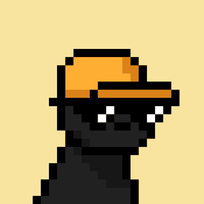 A pixel art illustration of a black dog or cat-like character wearing an orange cap against a yellow background.