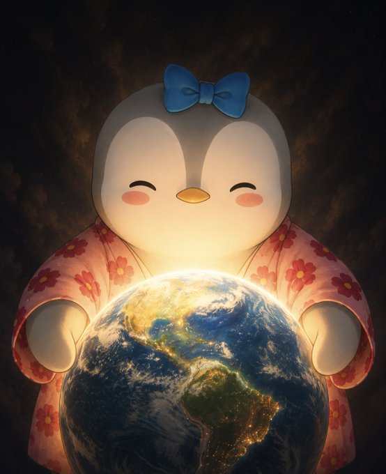A cute cartoon penguin-like character with a blue bow and a pink floral kimono hugs a glowing Earth in a dark space setting.