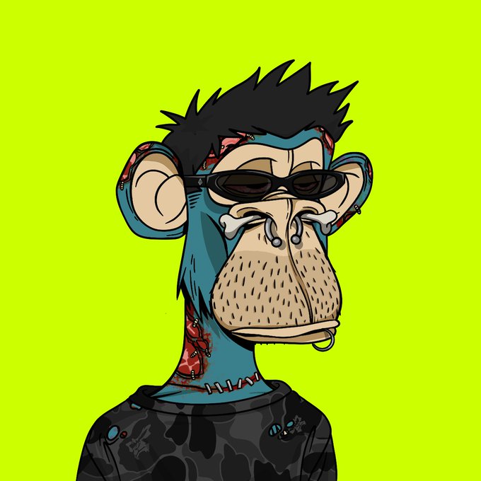 A digital NFT-style illustration of a stylized monkey character with a stitched, tattooed teal face, wearing sunglasses and a black hoodie against a bright lime-green background, characteristic of Bored Ape Yacht Club artwork.