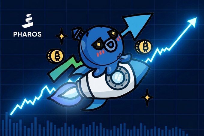 The image features a cartoon character, possibly an octopus or a robot, riding a rocket ship through a blue sky with a gradient background. The character appears to be flying above a graph that shows a downward trend in the stock market. The caption below the image reads "The market may be bleeding right now, but keep your eyes on @pharos_network: RealFi infrastructure ... lending markets ... crosschain liquidity". This suggests that while many people are focused on short-term price action and reacting to the current market conditions, @pharos_network is still expanding its reach into various aspects of the financial ecosystem.