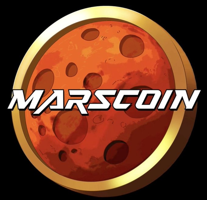 A logo featuring a red planet resembling Mars with craters inside a golden ring, with the text 'MARSCOIN' overlaid in bold white letters.