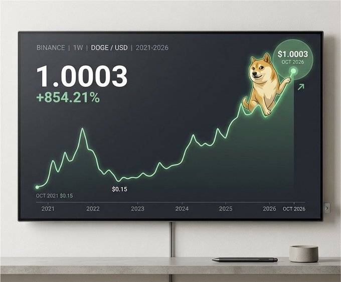 A mounted TV displays a Binance weekly DOGE/USD chart spanning 2021–2026, projecting a price target of $1.0003 by October 2026—an +854.21% gain from the October 2021 starting price of $0.15—with a Shiba Inu illustration riding the upward trendline. The image visualizes the post's bullish $1 DOGE prediction for 2026.