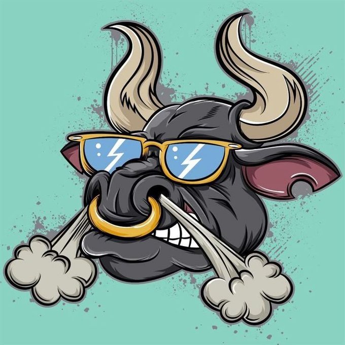 A stylized cartoon illustration of a black bull's head wearing yellow sunglasses and a gold nose ring, exhaling puffs of smoke from its nostrils against a teal background.