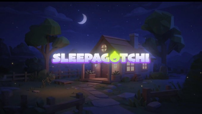 A nighttime cartoon landscape with a glowing house features the colorful logo 'SLEEPAGOTCHI' with a green flame icon.