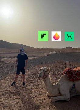 A person stands in a desert landscape beside a decorated camel, with logos for RiseX, a flame icon, and Arcus (the latter marked with an X) overlaid on the image. The caption references these three projects as comparable to established DeFi protocols like Lighter, Aster, and Variational, using the camel and desert setting metaphorically to frame them as emerging opportunities in the space.