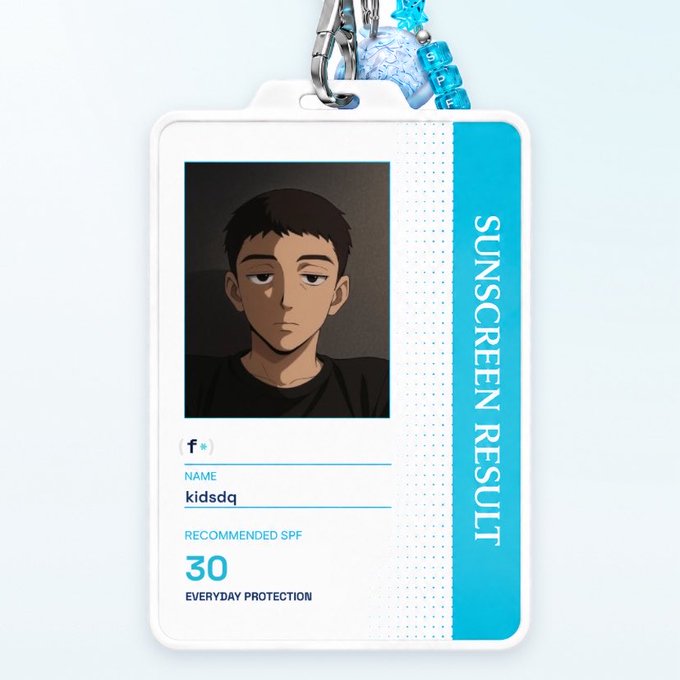 An ID badge-style card labeled 'SUNSCREEN RESULT' featuring an animated avatar of a man, with the name 'kidsdq' and a 'RECOMMENDED SPF' of '30' for 'EVERYDAY PROTECTION', attached to a beaded lanyard.