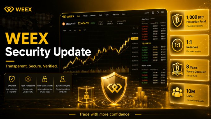 A promotional graphic for 'WEEEX Security Update' showing a trading interface for BTC/USDT at 72,654.90, with highlights including '1,000 BTC Protection Fund', '1:1 Reserves', '8 Years Secure Operation', and '10M Users'.