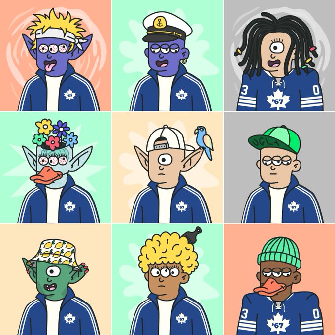 A 3x3 grid of cartoon characters in blue tracksuits featuring a '67' maple leaf logo, including various creatures like elves, a duck-billed figure, and humans with different hairstyles.