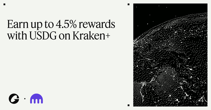 A graphic advertises 'Earn up to 4.5% rewards with USDG on Kraken+' alongside logos for Global and another purple icon, next to a dotted sphere image.