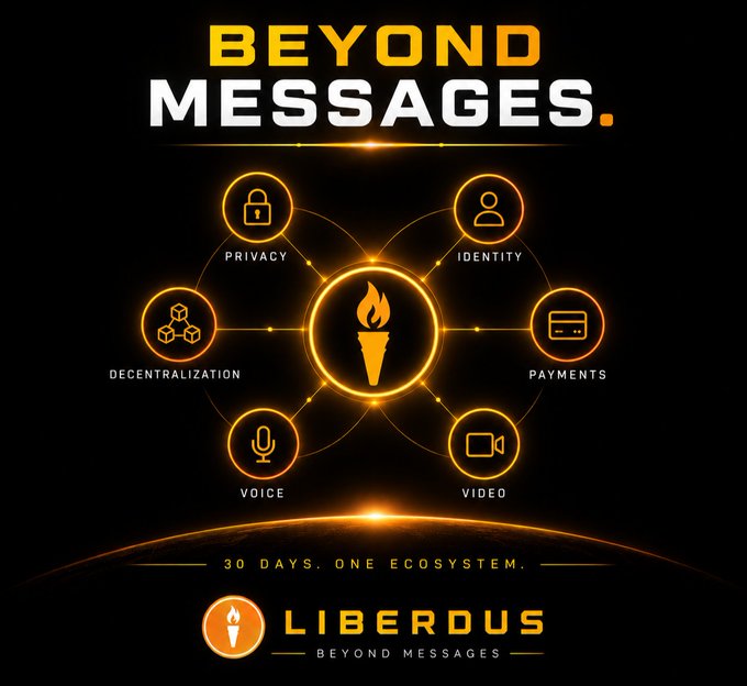 A promotional graphic for LIBERDOUS titled 'BEYOND MESSAGES' displaying a 30-day ecosystem with features including Privacy, Identity, Payments, Video, Voice, and Decentralization.