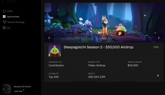 Screenshot of a Sleepagotchi Season 2 airdrop page offering a $50,000 token airdrop reward, with eligibility for Top 300 contributors and approximately 300 days remaining.