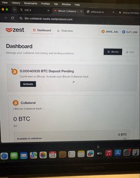 A laptop screen showing the Zest dashboard with a Bitcoin Collateral Vault section, displaying 0 BTC and a pending deposit of 0.00040935 BTC.