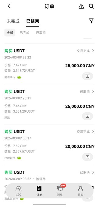 The image shows an OKX app "Orders" page with completed transactions for purchasing USDT, displaying trades of 3,346.72 USDT (25,000 CNY) and 3,351.20 USDT (25,000 CNY) on 2024/03/09. This serves as visual proof to back the post's claim of "已以身入局证明了OKX的安全" (putting one's own money in to prove OKX's safety), demonstrating the user's own successful trading activity on the platform while promoting their referral link.
