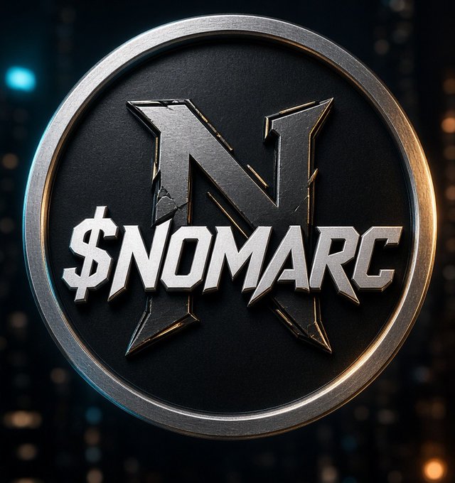 A circular metallic logo/coin design featuring a stylized letter 'N' with the text '$NOMARC' displayed prominently on a dark background.