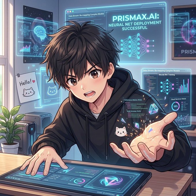 An anime-style illustration of a young man interacting with holographic interfaces displaying 'PRISMAX.AI: NEURAL NET DEPLOYMENT SUCCESSFUL' and various AI performance metrics.