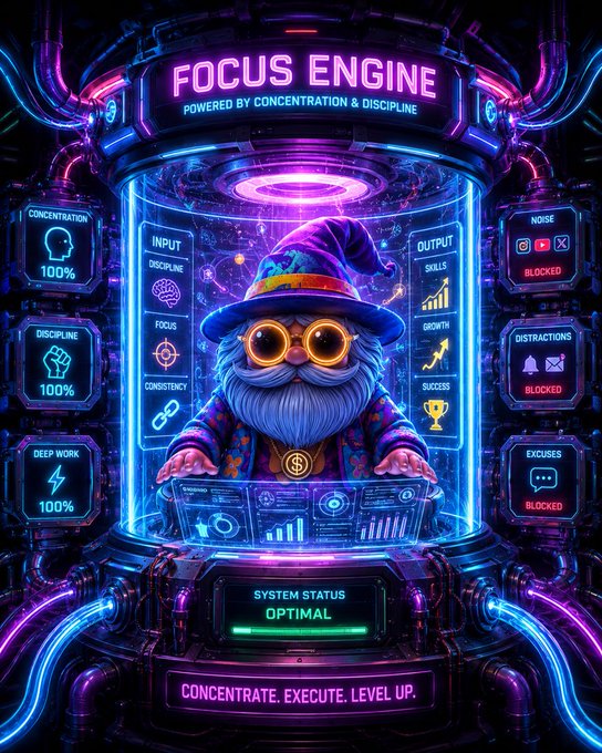 A vibrant digital illustration shows a bearded gnome wizard in a cylindrical chamber labeled 'FOCUS ENGINE POWERED BY CONCENTRATION & DISCIPLINE,' surrounded by stats like 'CONCENTRATION 100%' and 'NOISE BLOCKED.'