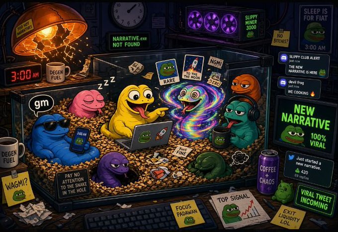 A colorful digital illustration depicting a chaotic crypto trading floor scene at 3:00 AM with Pepe frogs, featuring text like 'NEW NARRATIVE', 'NARRATIVE.EXE NOT FOUND', 'SLEEP IS FOR FIAT', 'SLIPPY MINER 3000', and 'VIRAL TWEET INCOMING'.