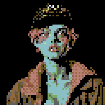 A low-resolution pixel art image depicting a stylized portrait of a figure wearing a gold crown or headpiece with a light blue complexion against a black background.