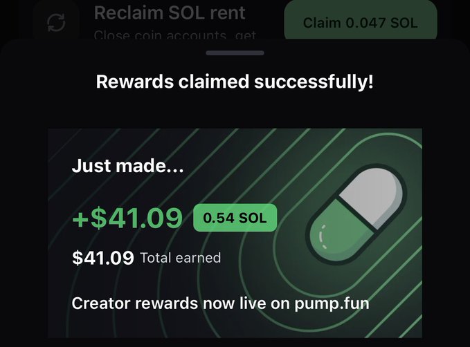 A screenshot shows a "Rewards claimed successfully!" notification from pump.fun displaying "+$41.09 (0.54 SOL)" as newly made creator rewards, alongside a "Reclaim SOL rent" button claiming 0.047 SOL. This visually confirms the poster's surprise at receiving an unexpected "stimmy" payout from pump.fun, reinforcing their positive experience of being rewarded for their activity on the trading app.